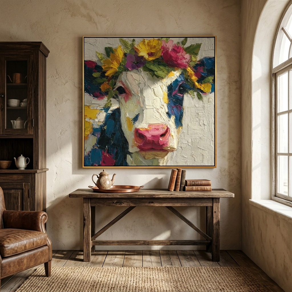 "Whimsical Bovine Beauty" – Tactile Farm Animal Art | Vibrant Floral & Neutral Impasto Wall Decor | Contemporary Square Art#AN 002