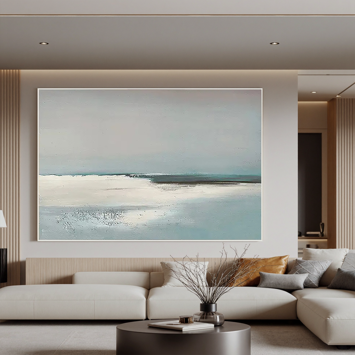"Pale Horizon" - Minimalist Impasto Abstract Seascape | Soft Teal & Grey Statement Art
