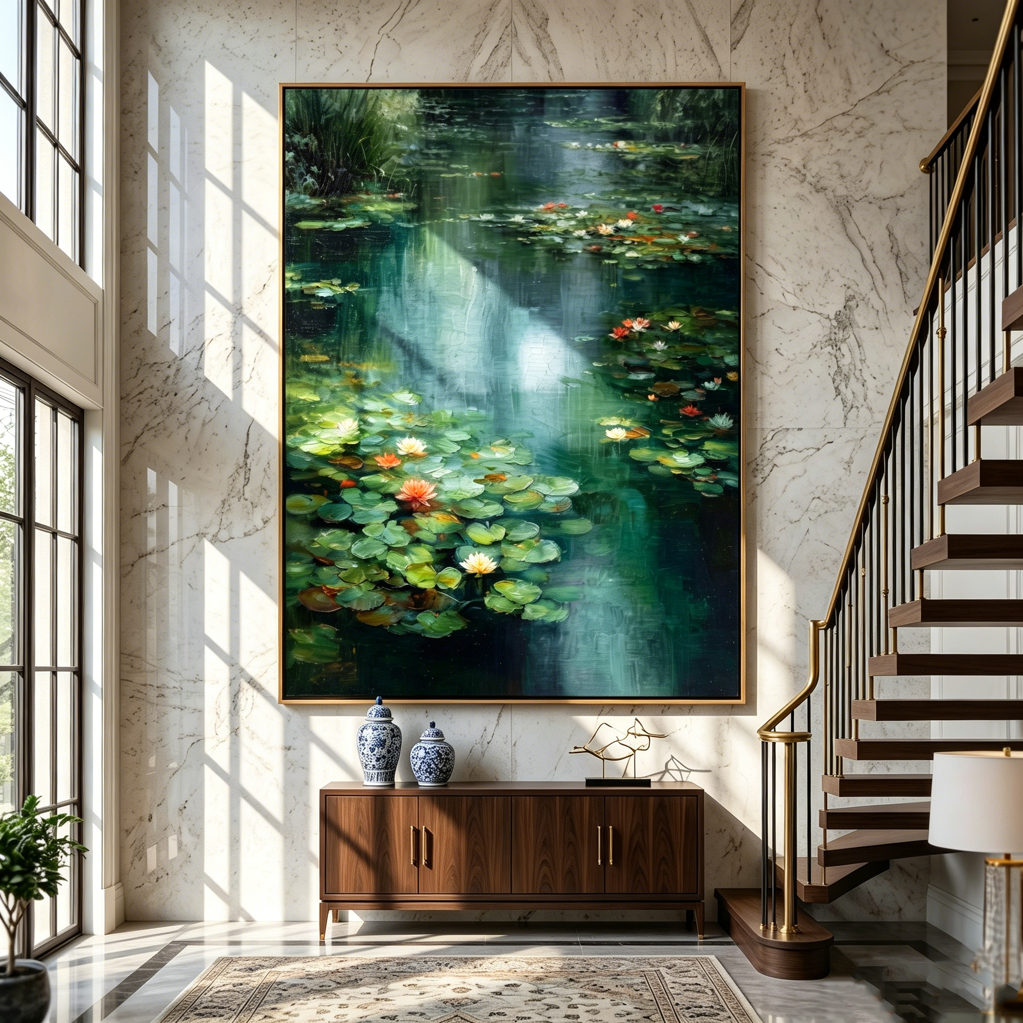"Lily Pond Serenity" – Modern Heavy Impasto Landscape Art | 3D Emerald & Waterlily Palette Knife Painting | Luxury Vertical Wall Art#FL 002