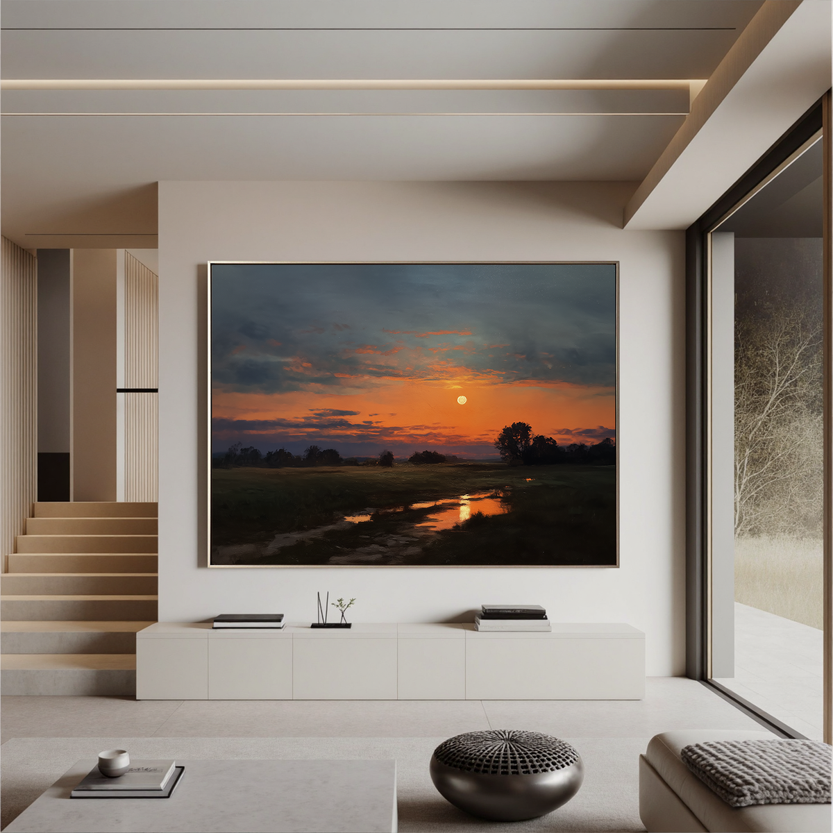 "Harvest Moon Rising" - Impressionist Sunset Landscape | Dramatic Orange & Midnight Statement Art