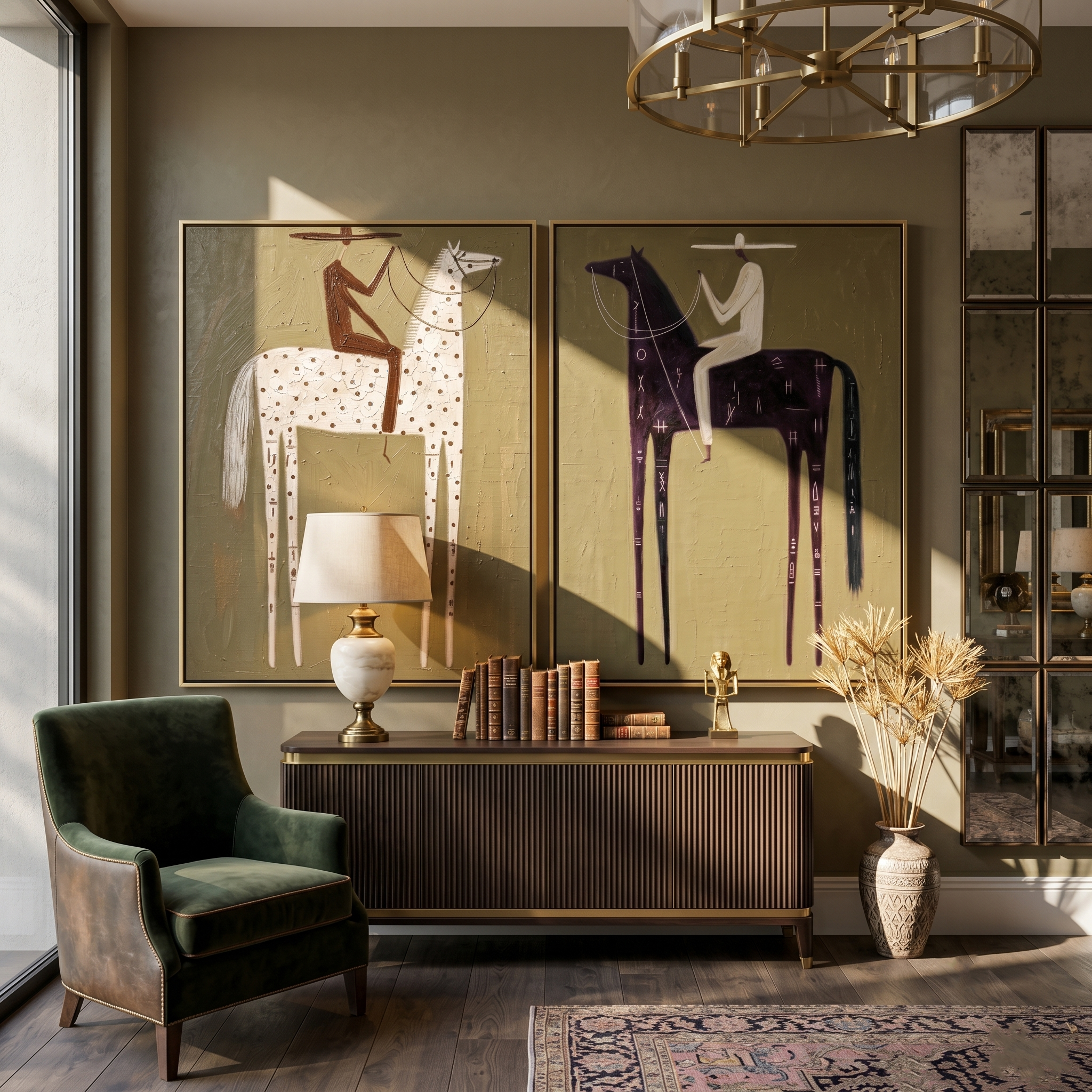 "A Ledger of Dust and Night" — 3D Textured Abstract Western Rider Wall Art Set | Olive, Ivory & Umber Framed Diptych#VA622