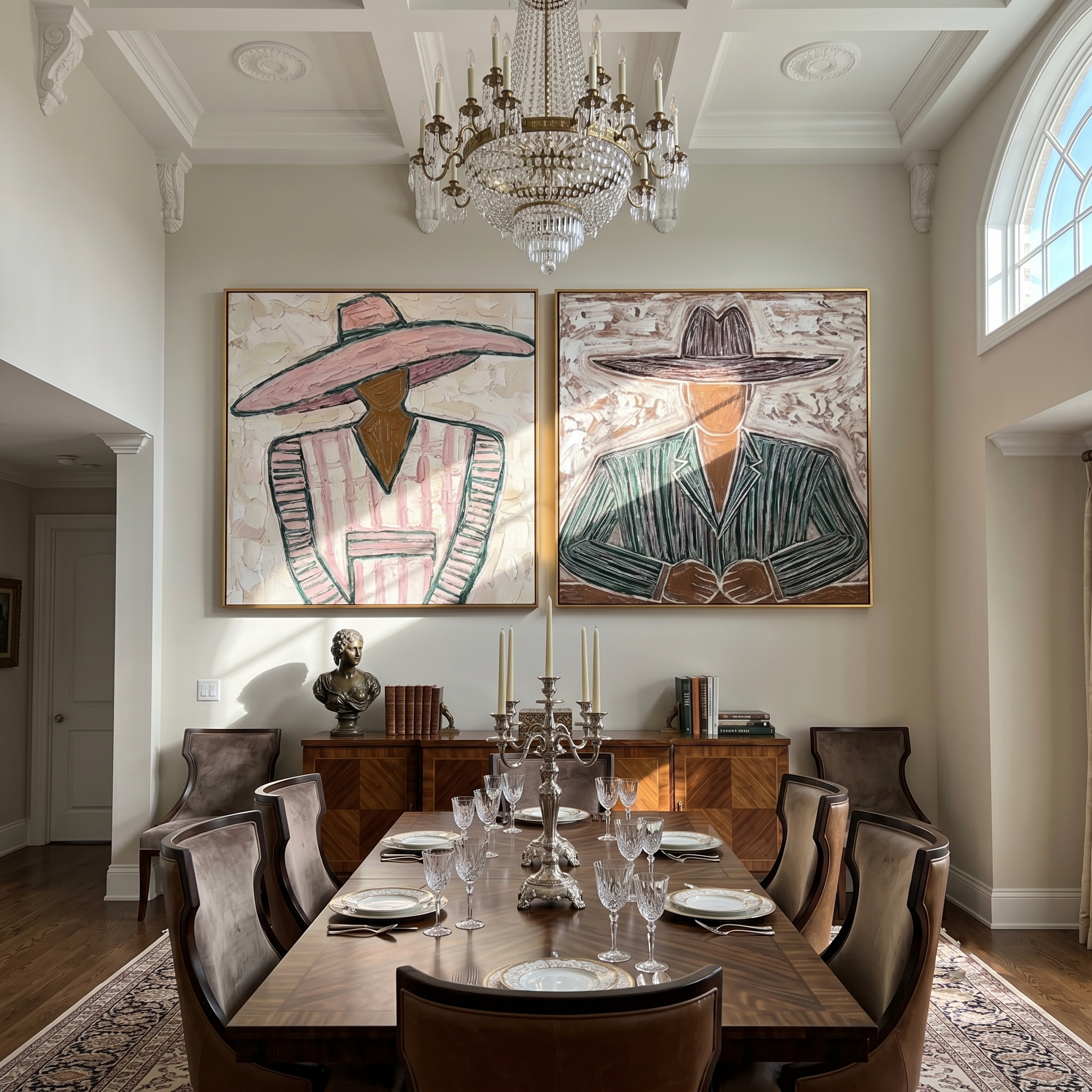 "Echoes Beneath the Brim" — 3D Textured Abstract Western Figure Wall Art Set | Pink & Umber Framed Diptych#VA614