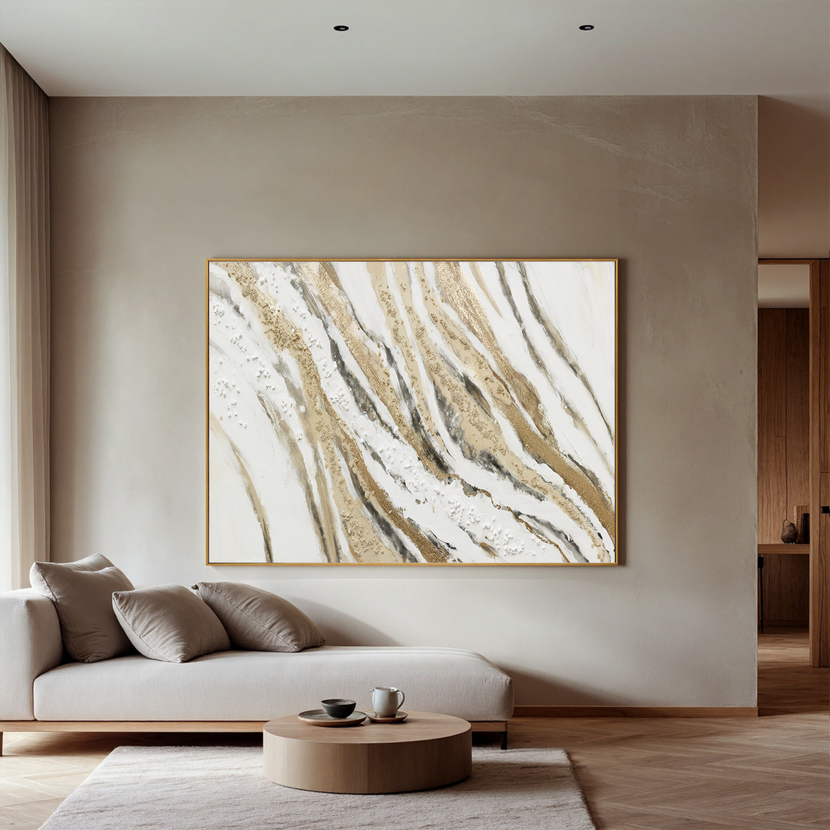 "Golden Echo" - Geometric Plaster Relief | Gold & Grey Geometric Art Statement Art