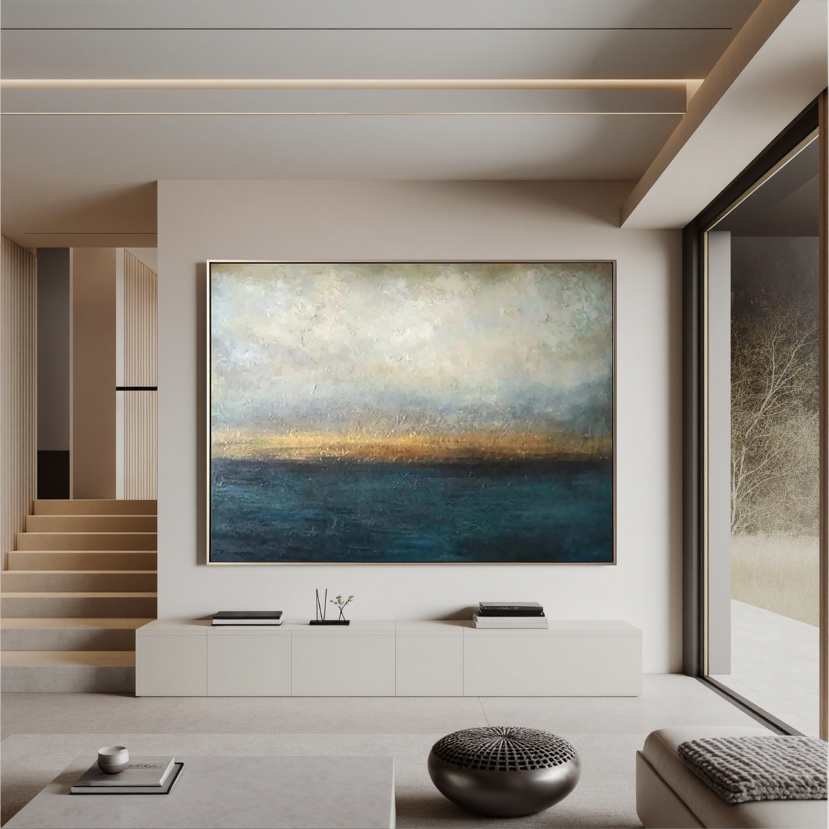 "Golden Dusk" - Atmospheric Impasto Seascape | Teal & Gold Moody Sunset Statement Art