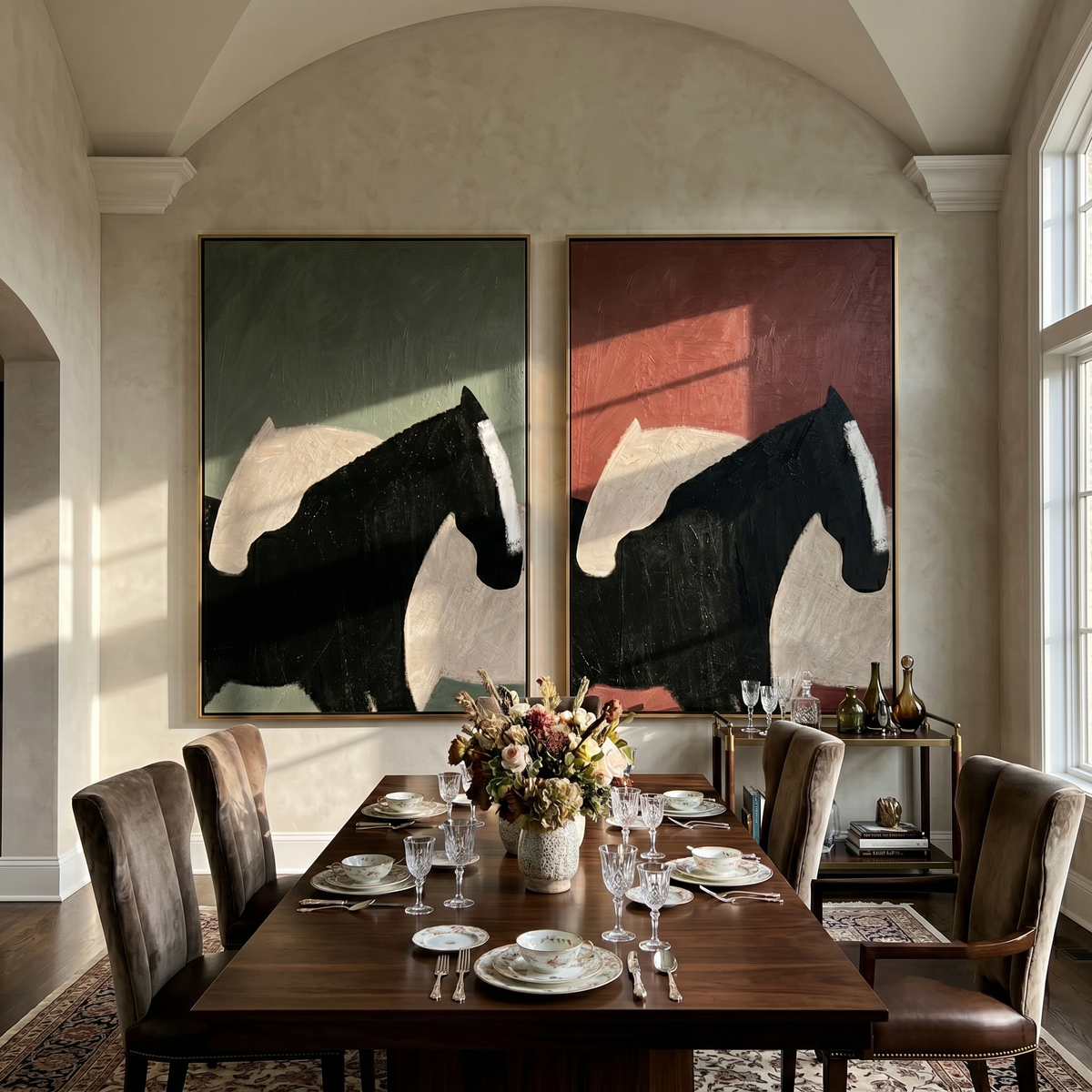 "Quiet Equine Forms" — 3D Textured Abstract Horse Wall Art Set | Sage Green & Terracotta Framed Painting#VA600