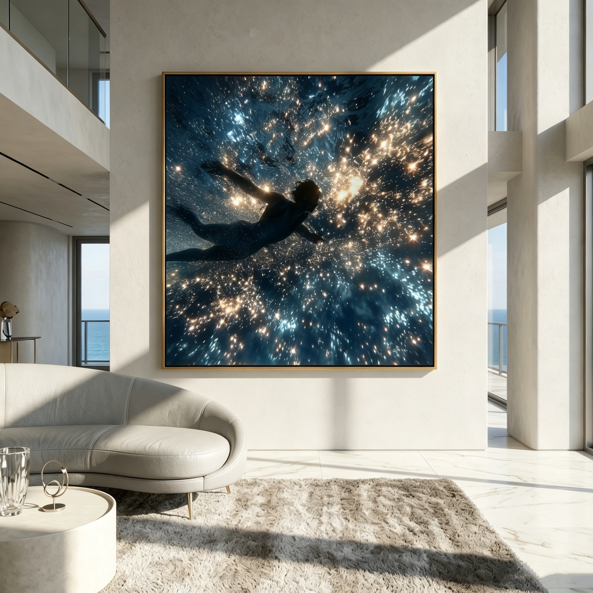 "Underwater Starlight Swim" – Modern Luminous Figurative Art | 3D Blue & Golden Light Palette Knife Painting | Luxury S quare Wall Art#LC 002