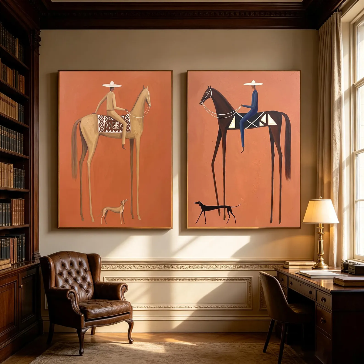 "Terracotta Tall Horse Rider Pair" - Modern Heavy Impasto Western Animal Artwork | Orange Palette Knife Painting | Luxury Two-Panel Vertical Wall Art #YK 1599