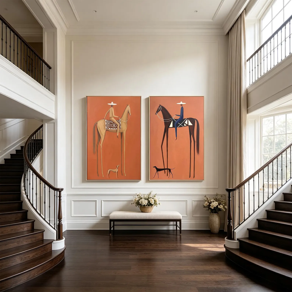 "Terracotta Tall Horse Rider Pair" - Modern Heavy Impasto Western Animal Artwork | Orange Palette Knife Painting | Luxury Two-Panel Vertical Wall Art #YK 1599
