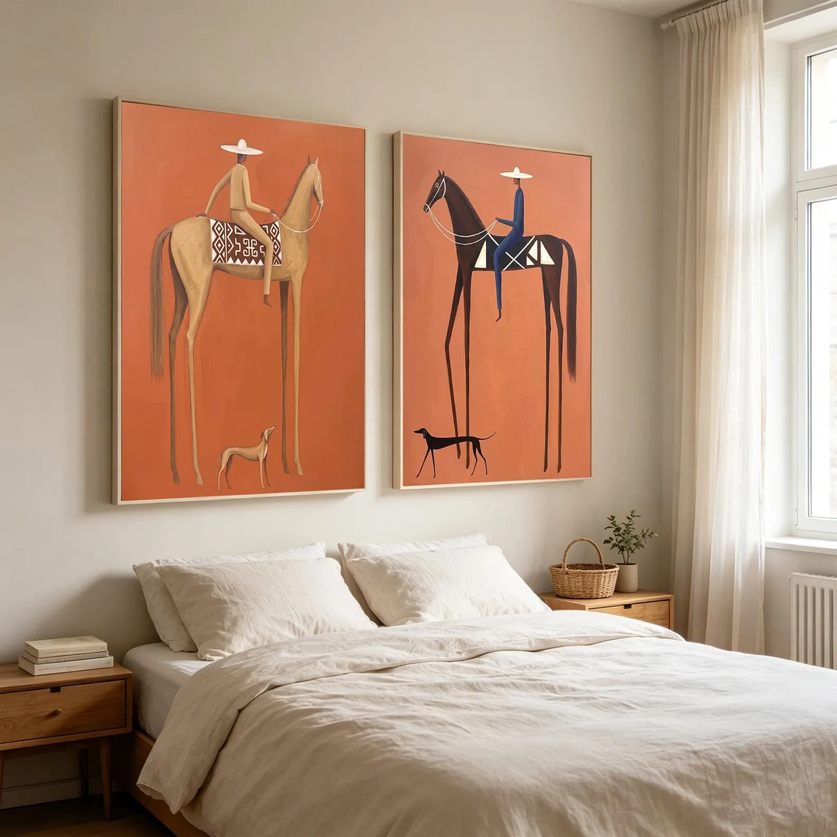 "Terracotta Tall Horse Rider Pair" - Modern Heavy Impasto Western Animal Artwork | Orange Palette Knife Painting | Luxury Two-Panel Vertical Wall Art #YK 1599