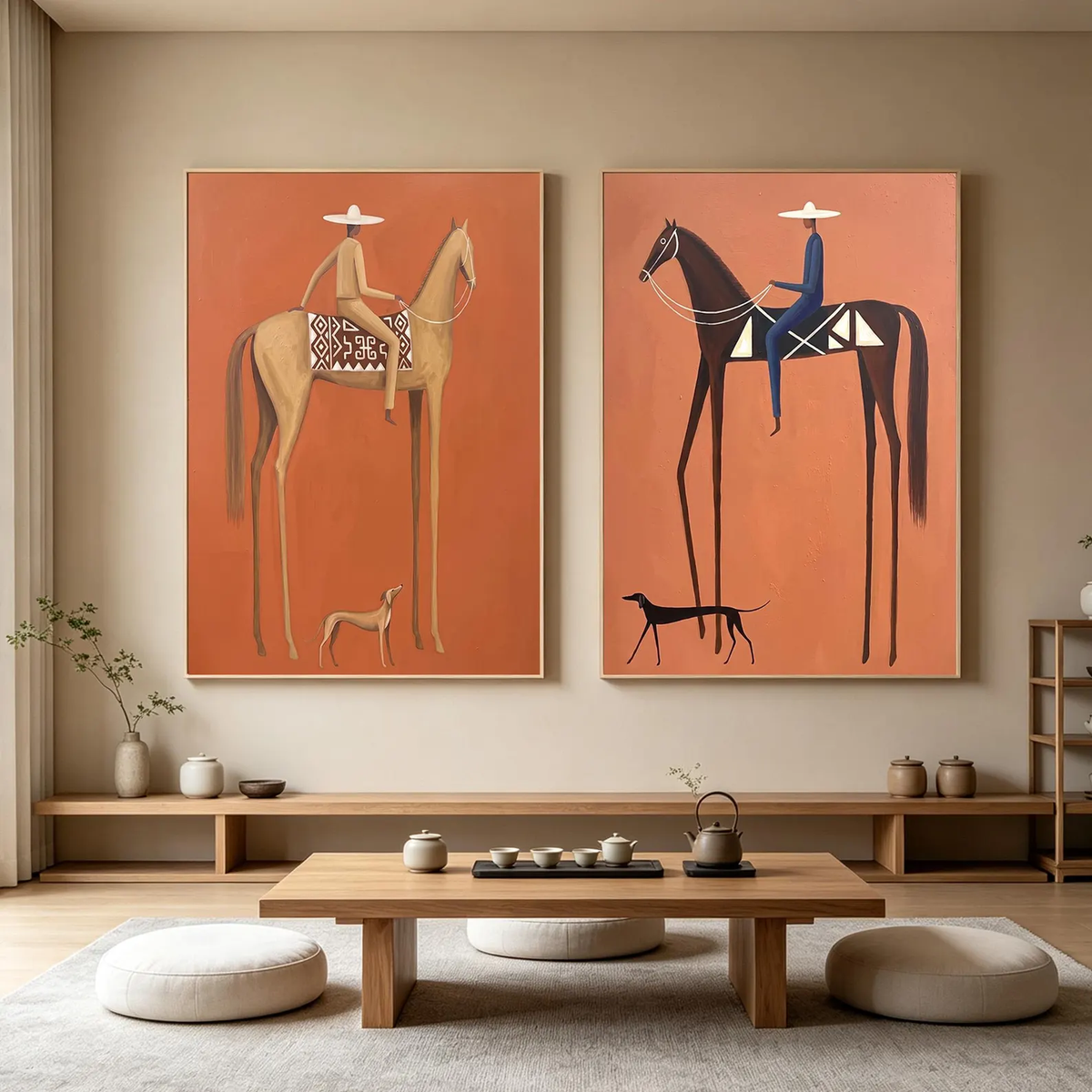 "Terracotta Tall Horse Rider Pair" - Modern Heavy Impasto Western Animal Artwork | Orange Palette Knife Painting | Luxury Two-Panel Vertical Wall Art #YK 1599