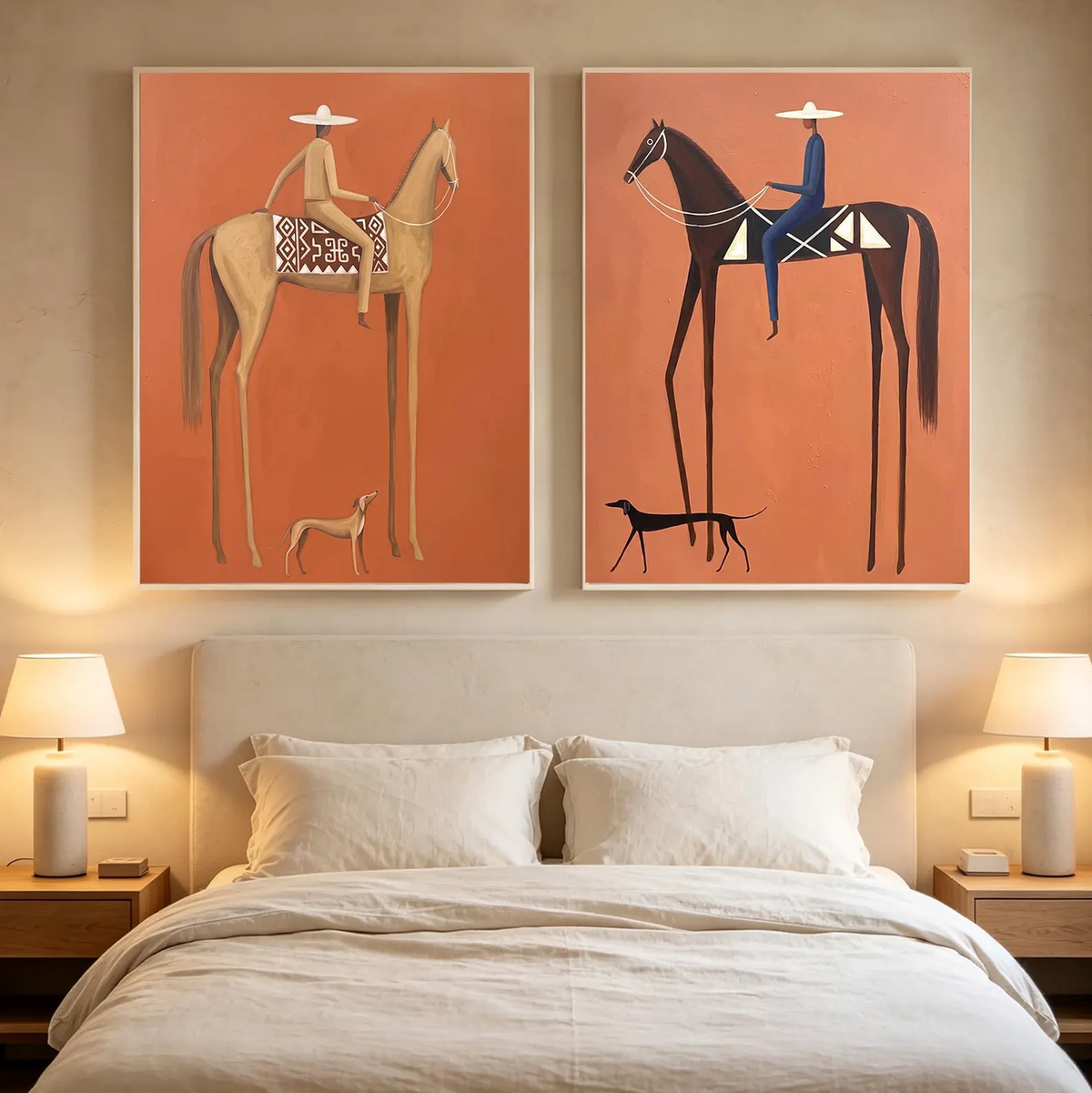 "Terracotta Tall Horse Rider Pair" - Modern Heavy Impasto Western Animal Artwork | Orange Palette Knife Painting | Luxury Two-Panel Vertical Wall Art #YK 1599