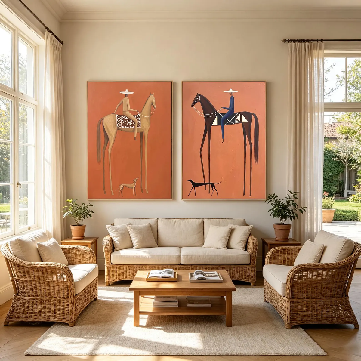 "Terracotta Tall Horse Rider Pair" - Modern Heavy Impasto Western Animal Artwork | Orange Palette Knife Painting | Luxury Two-Panel Vertical Wall Art #YK 1599