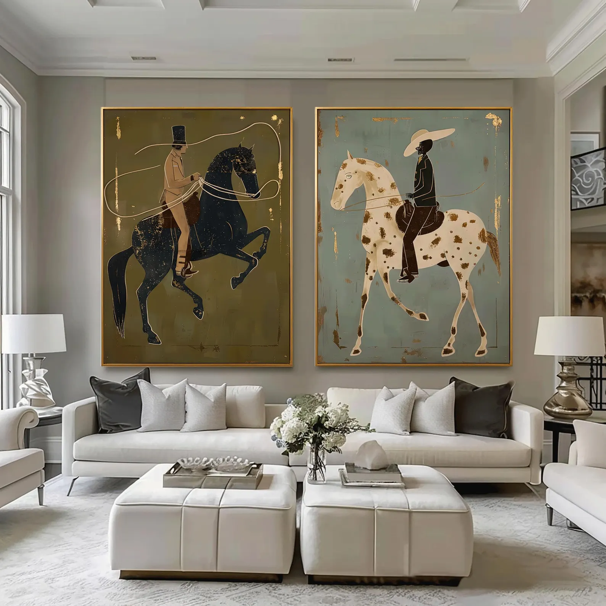 "Olive & Sage Green Horse Rider Pair" - Modern Heavy Impasto Western Animal Artwork | Golden Palette Knife Painting | Luxury Two-Panel Vertical Wall Art #YK 1596