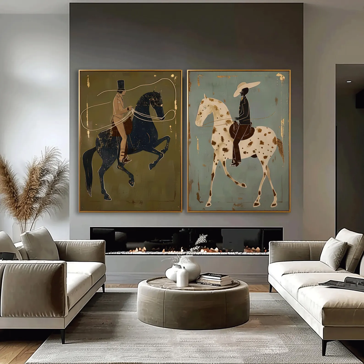 "Olive & Sage Green Horse Rider Pair" - Modern Heavy Impasto Western Animal Artwork | Golden Palette Knife Painting | Luxury Two-Panel Vertical Wall Art #YK 1596