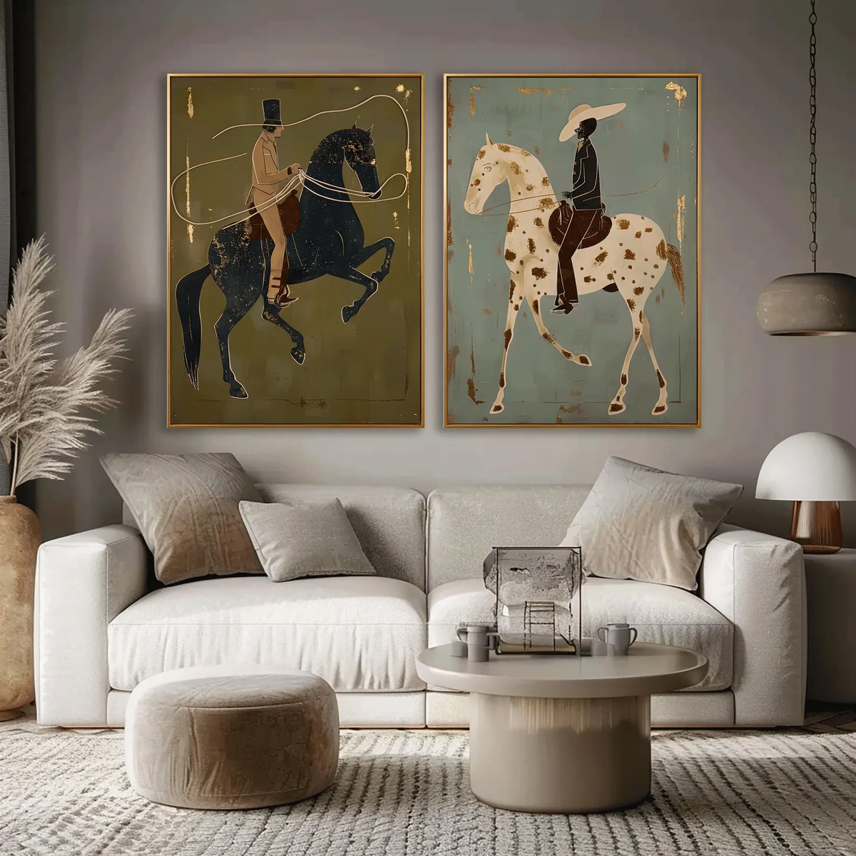 "Olive & Sage Green Horse Rider Pair" - Modern Heavy Impasto Western Animal Artwork | Golden Palette Knife Painting | Luxury Two-Panel Vertical Wall Art #YK 1596