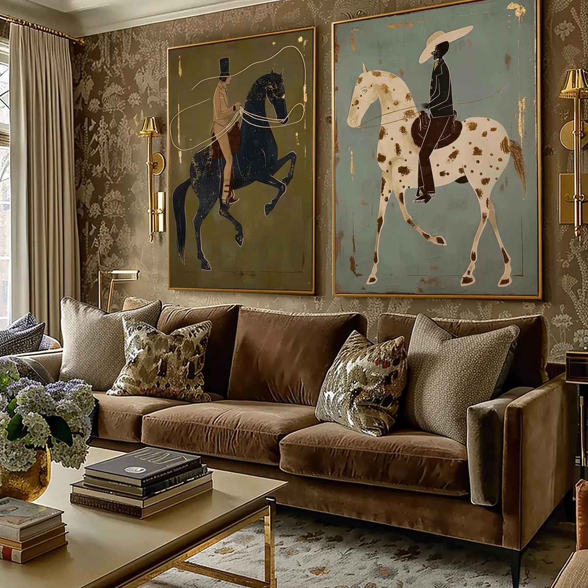 "Olive & Sage Green Horse Rider Pair" - Modern Heavy Impasto Western Animal Artwork | Golden Palette Knife Painting | Luxury Two-Panel Vertical Wall Art #YK 1596
