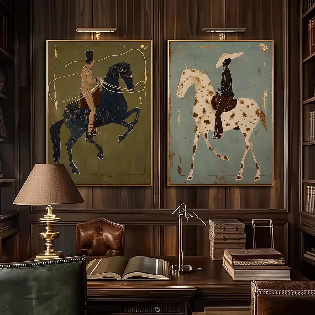 "Olive & Sage Green Horse Rider Pair" - Modern Heavy Impasto Western Animal Artwork | Golden Palette Knife Painting | Luxury Two-Panel Vertical Wall Art #YK 1596
