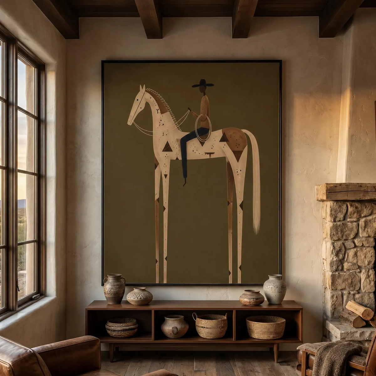 "Olive Green Stylized Horse Rider" - Modern Heavy Impasto Western Animal Artwork | Golden Palette Knife Painting | Luxury Vertical Wall Art #YK 1598