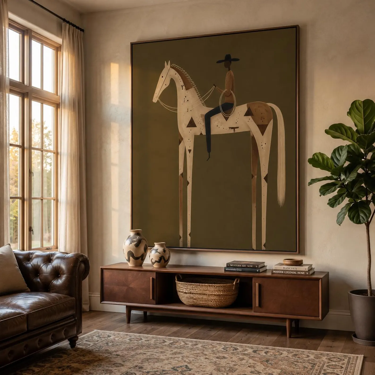 "Olive Green Stylized Horse Rider" - Modern Heavy Impasto Western Animal Artwork | Golden Palette Knife Painting | Luxury Vertical Wall Art #YK 1598
