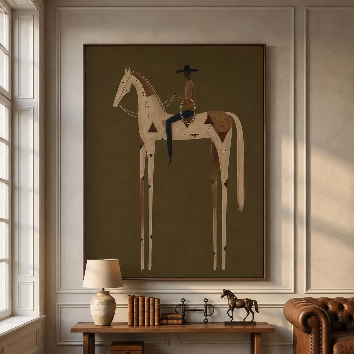 "Olive Green Stylized Horse Rider" - Modern Heavy Impasto Western Animal Artwork | Golden Palette Knife Painting | Luxury Vertical Wall Art #YK 1598