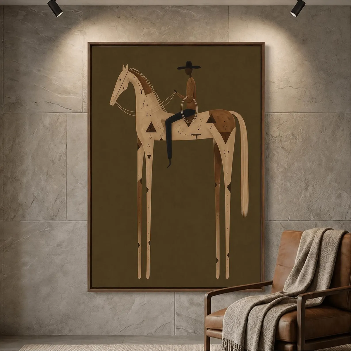 "Olive Green Stylized Horse Rider" - Modern Heavy Impasto Western Animal Artwork | Golden Palette Knife Painting | Luxury Vertical Wall Art #YK 1598