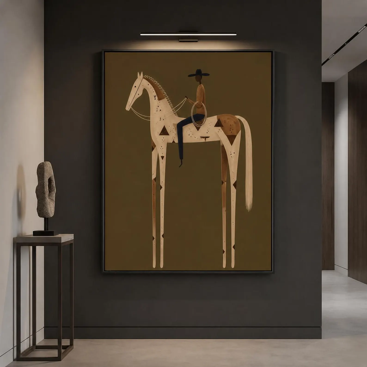 "Olive Green Stylized Horse Rider" - Modern Heavy Impasto Western Animal Artwork | Golden Palette Knife Painting | Luxury Vertical Wall Art #YK 1598