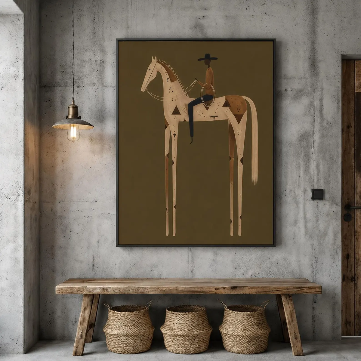 "Olive Green Stylized Horse Rider" - Modern Heavy Impasto Western Animal Artwork | Golden Palette Knife Painting | Luxury Vertical Wall Art #YK 1598
