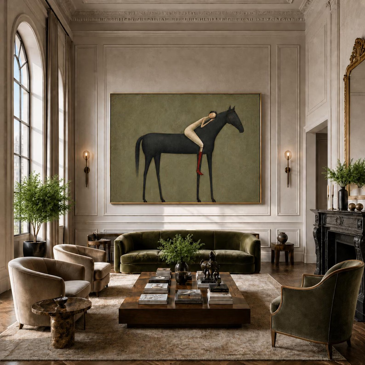 "Abstract Minimalist Horse Hug Figure" - Modern Heavy Impasto Western Animal Artwork | Black & Green Palette Knife Painting | Luxury Horizontal Wall Art #YK 1595