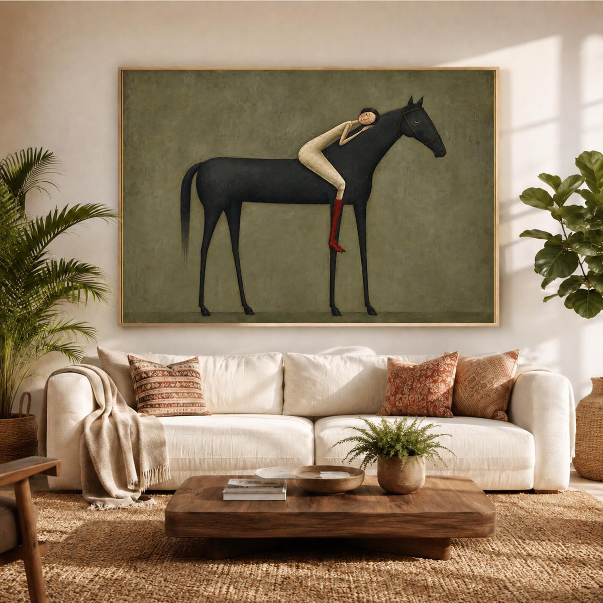 "Abstract Minimalist Horse Hug Figure" - Modern Heavy Impasto Western Animal Artwork | Black & Green Palette Knife Painting | Luxury Horizontal Wall Art #YK 1595