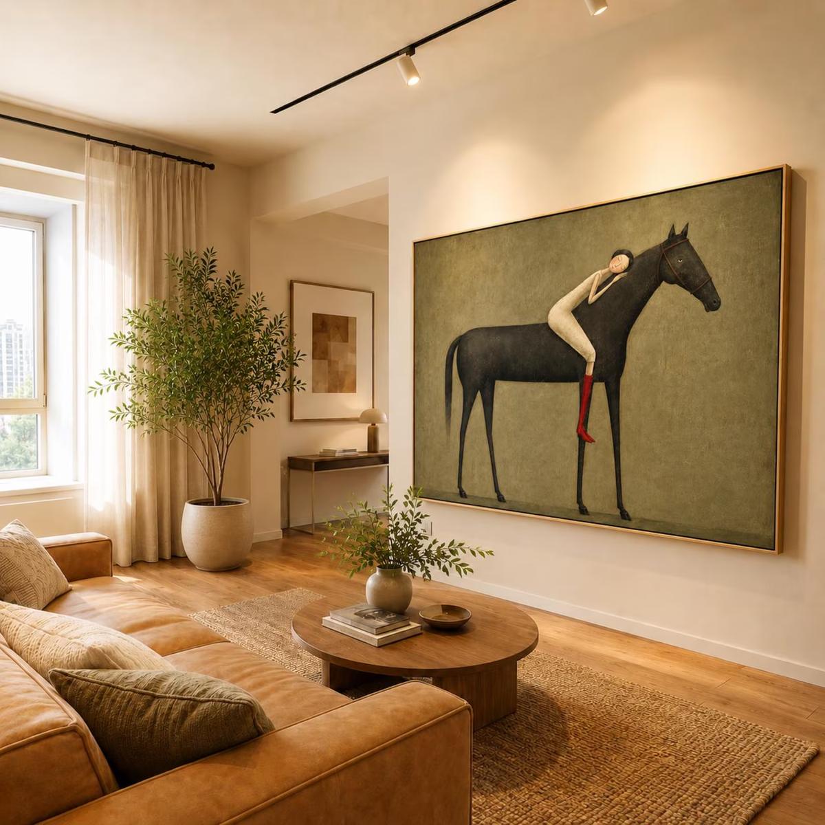 "Abstract Minimalist Horse Hug Figure" - Modern Heavy Impasto Western Animal Artwork | Black & Green Palette Knife Painting | Luxury Horizontal Wall Art #YK 1595
