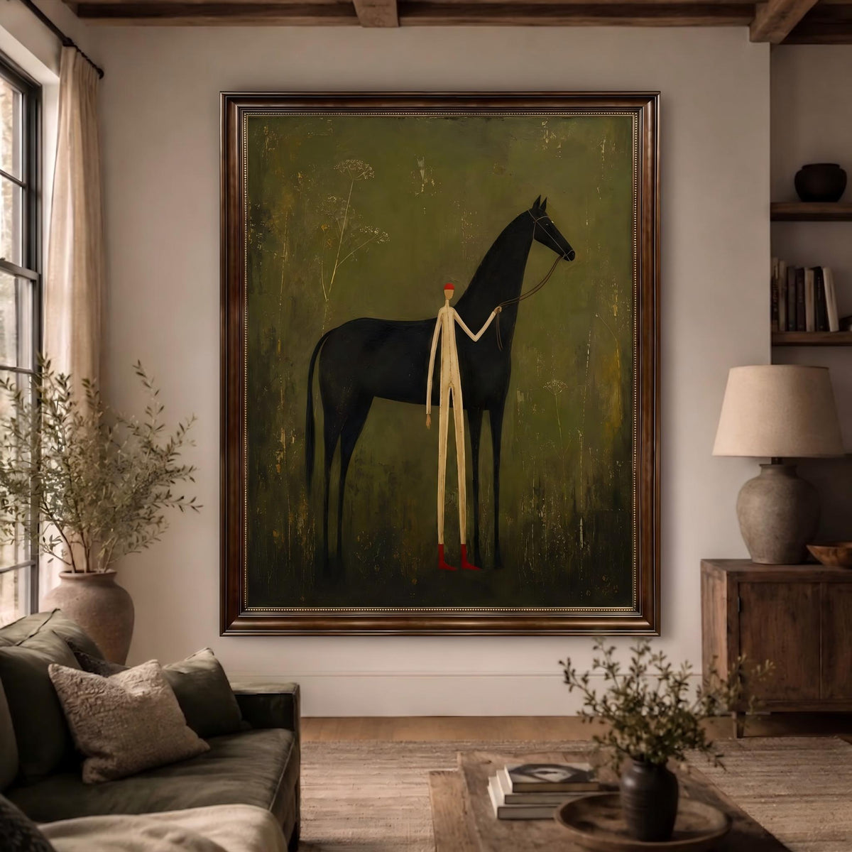 "Faceless man leading horse" - Modern Heavy Impasto Western Animal Artwork | Green Palette Knife Painting | Luxury Vertical Wall Art #YK 1567