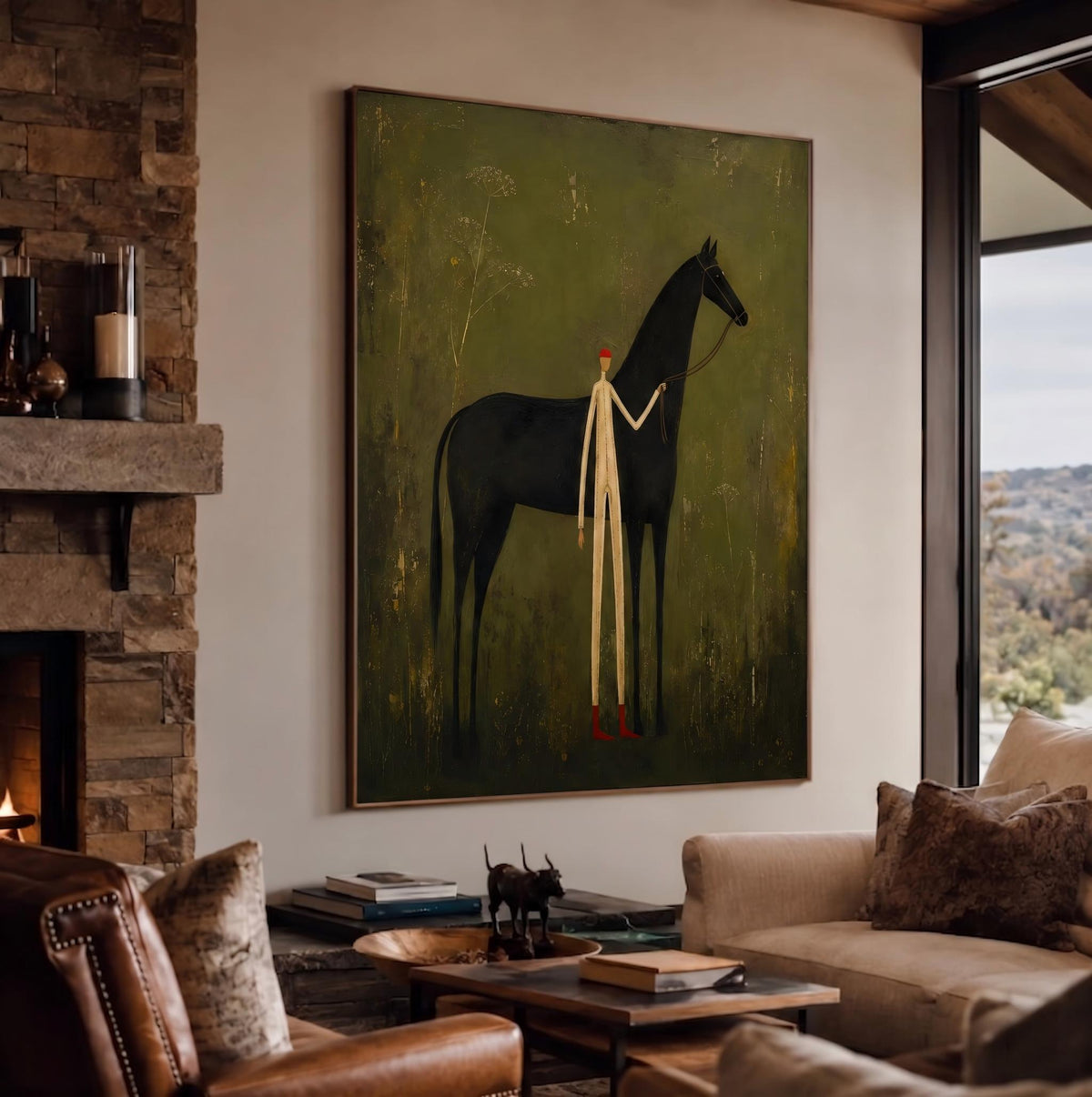 "Faceless man leading horse" - Modern Heavy Impasto Western Animal Artwork | Green Palette Knife Painting | Luxury Vertical Wall Art #YK 1567