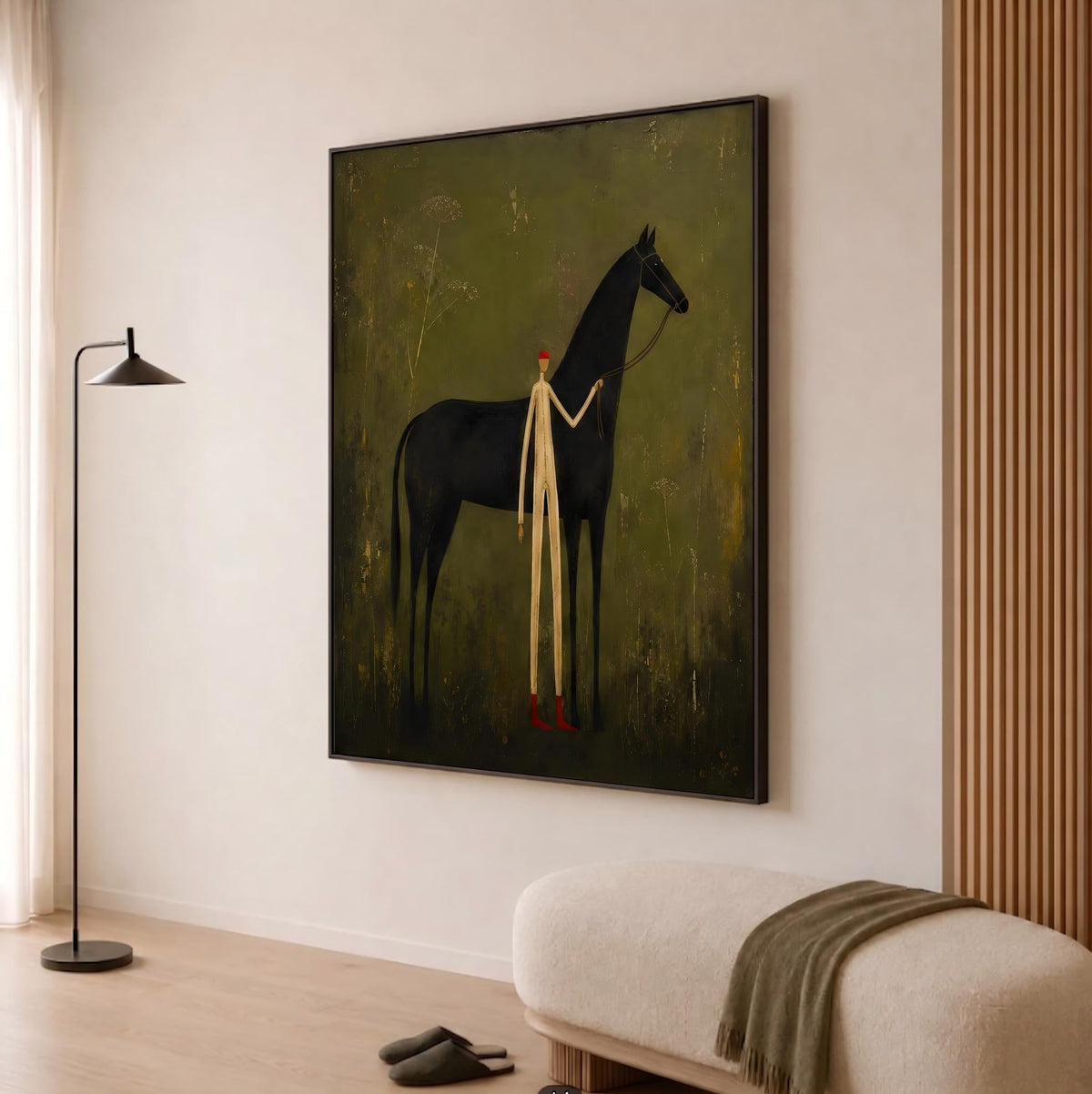 "Faceless man leading horse" - Modern Heavy Impasto Western Animal Artwork | Green Palette Knife Painting | Luxury Vertical Wall Art #YK 1567