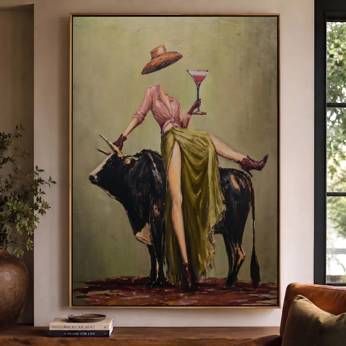 "Cowboy Woman Cocktail" - Modern Heavy Impasto Western Animal Artwork | Green & Pink Palette Knife Painting | Luxury Vertical Wall Art #YK 1566