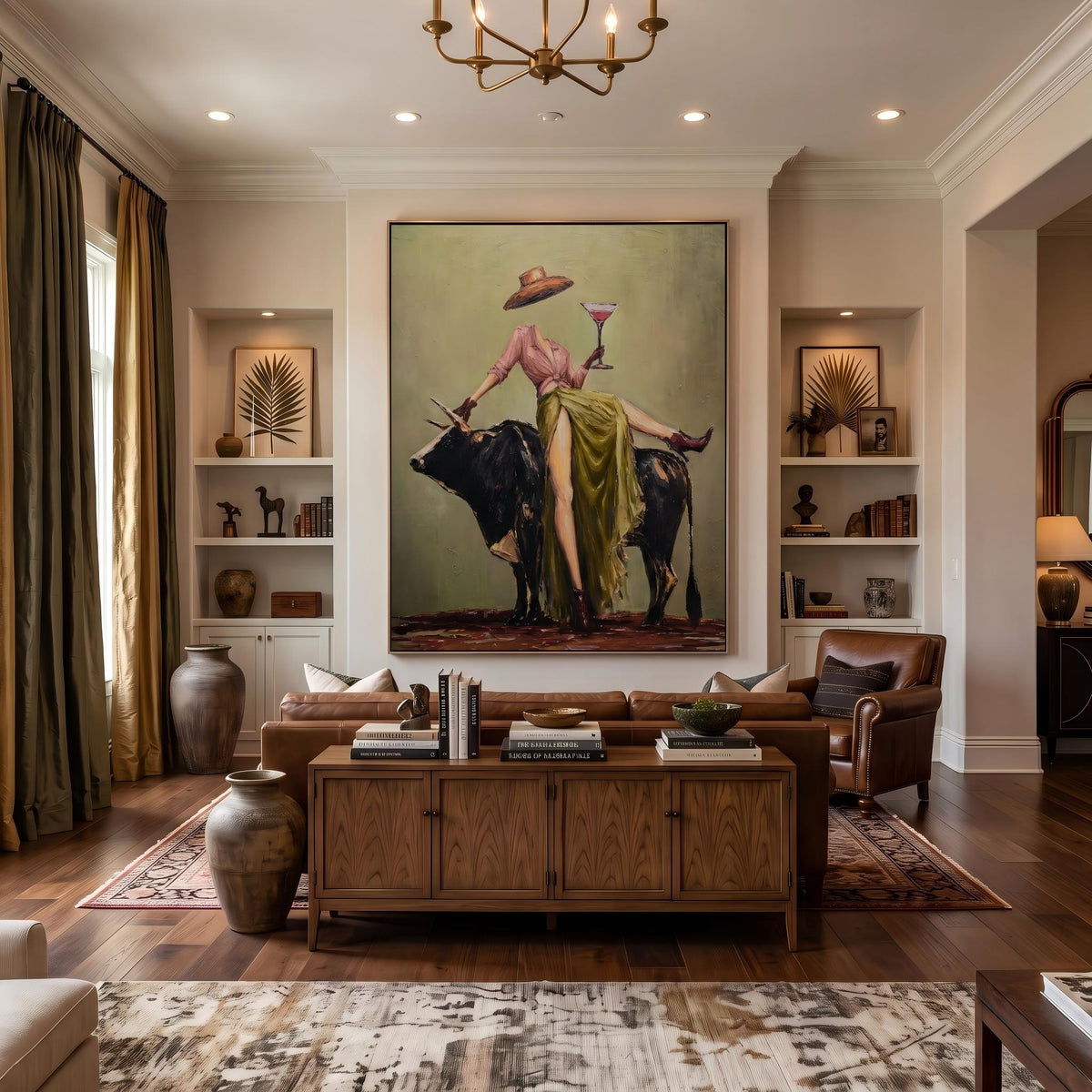 "Cowboy Woman Cocktail" - Modern Heavy Impasto Western Animal Artwork | Green & Pink Palette Knife Painting | Luxury Vertical Wall Art #YK 1566