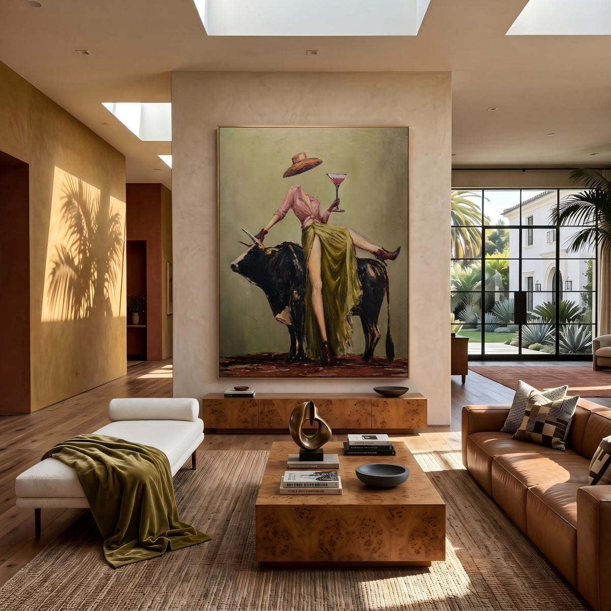 "Cowboy Woman Cocktail" - Modern Heavy Impasto Western Animal Artwork | Green & Pink Palette Knife Painting | Luxury Vertical Wall Art #YK 1566