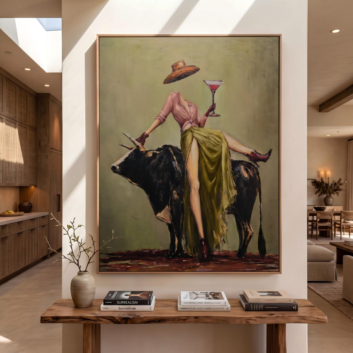 "Cowboy Woman Cocktail" - Modern Heavy Impasto Western Animal Artwork | Green & Pink Palette Knife Painting | Luxury Vertical Wall Art #YK 1566