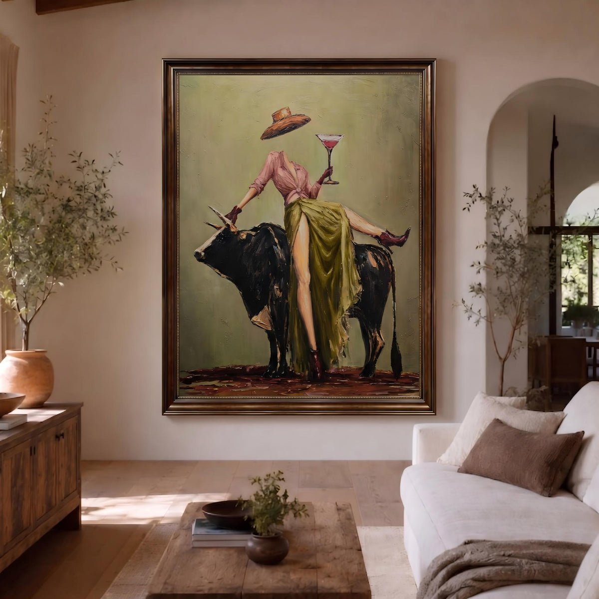 "Cowboy Woman Cocktail" - Modern Heavy Impasto Western Animal Artwork | Green & Pink Palette Knife Painting | Luxury Vertical Wall Art #YK 1566