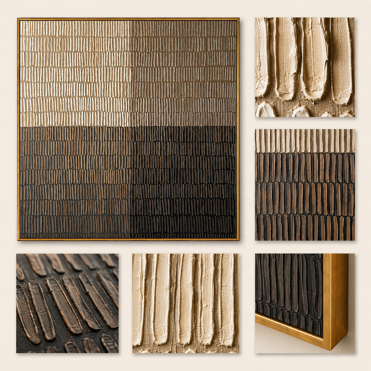 "Measured Silence" - 3D Minimalist Plaster Grid Relief | Beige Grey & Black Square Textured Art