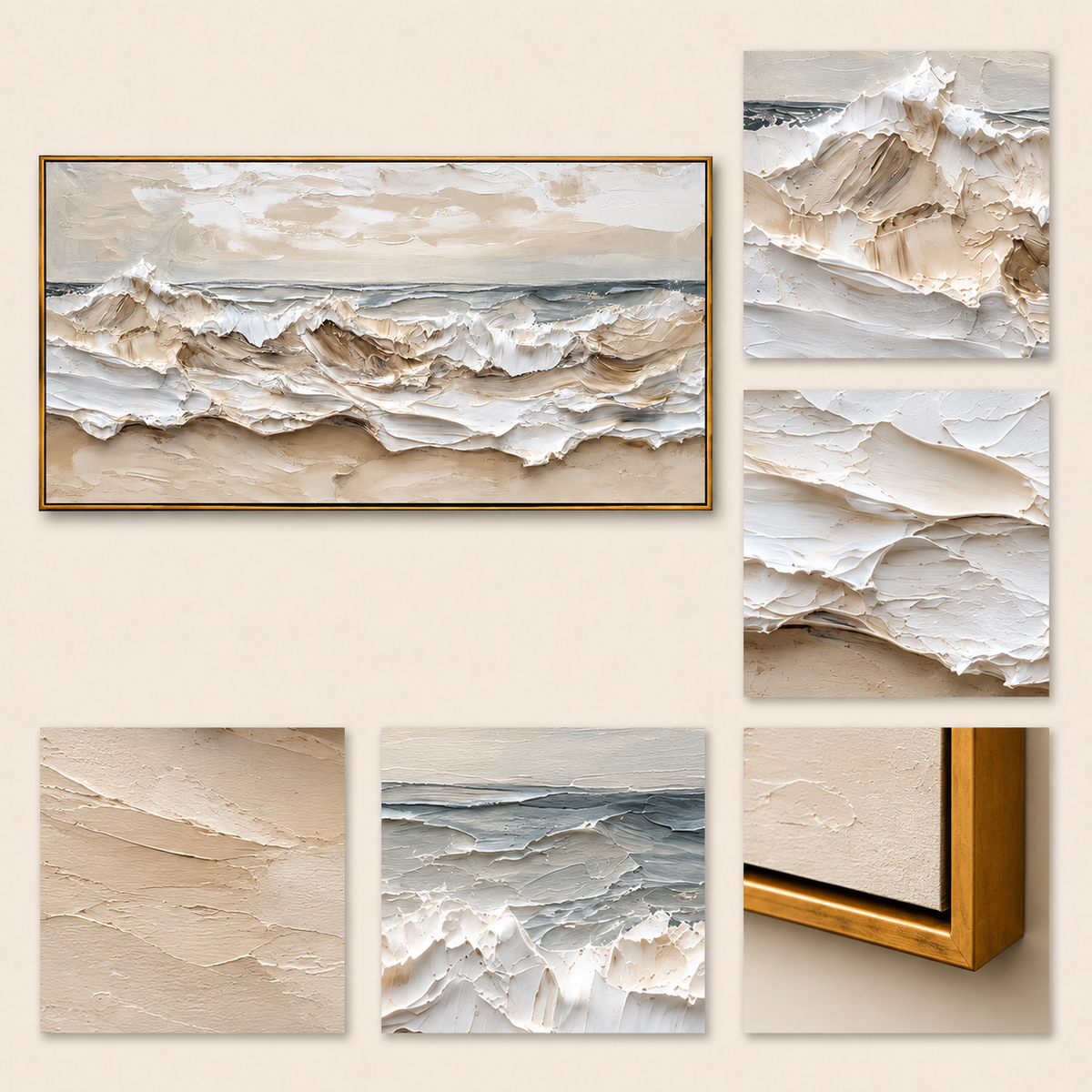 "Tide Relief" - 3D Wabi-Sabi Ocean Wave Plaster Art | Beige White & Blue Textured Seascape