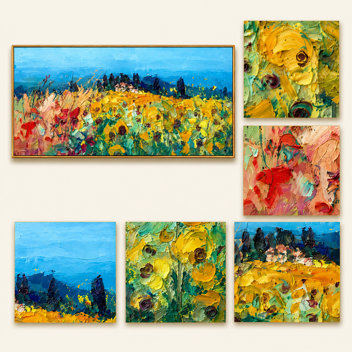 "Meadow Rhapsody" - Colorful Impasto Flower Field Landscape | Blue Sky & Yellow Bloom Wall Art