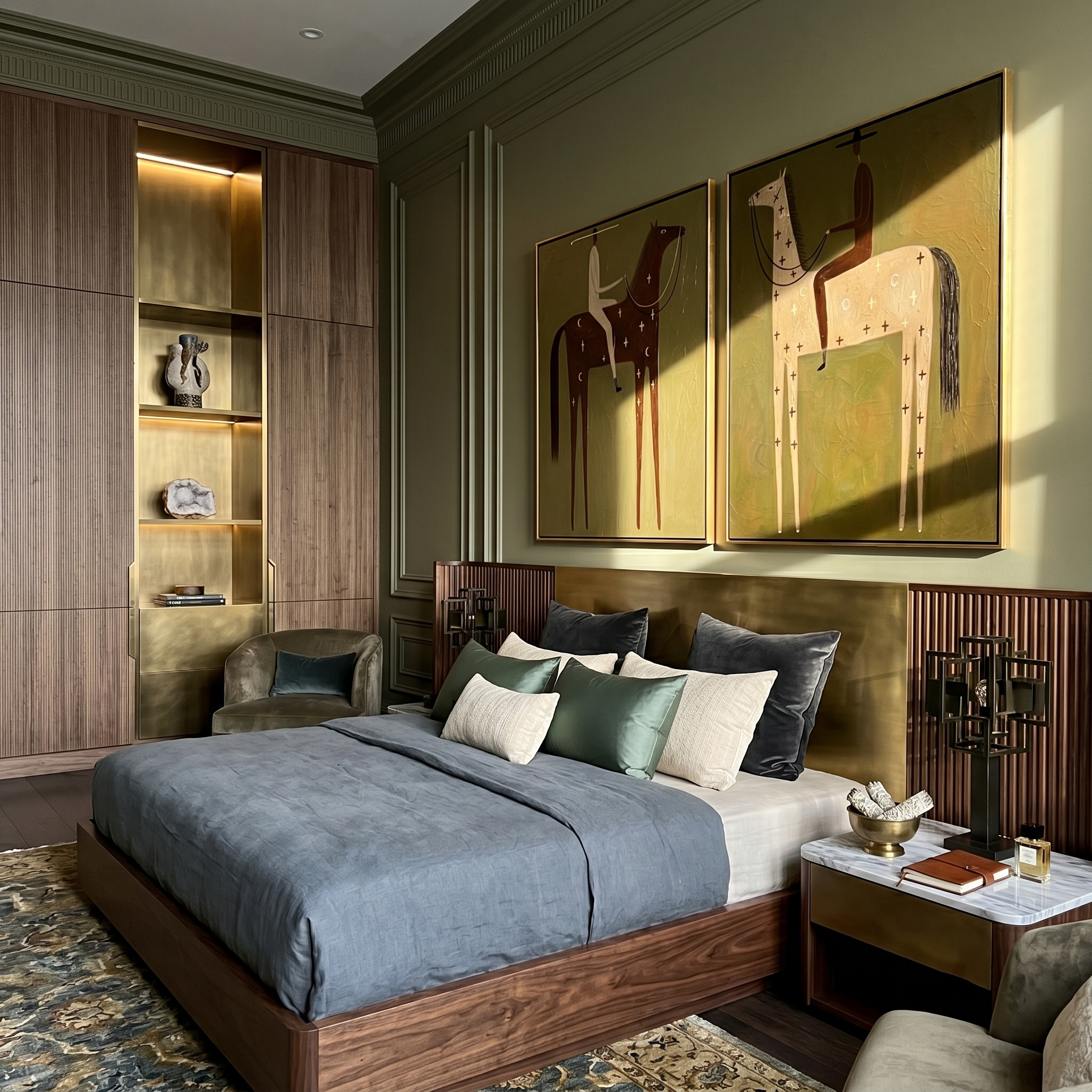 “Ethereal Riders of Twilight” — 3D Textured Abstract Western Rider Wall Art Set | Muted Olive & Earthy Tones Framed Diptych#VA627