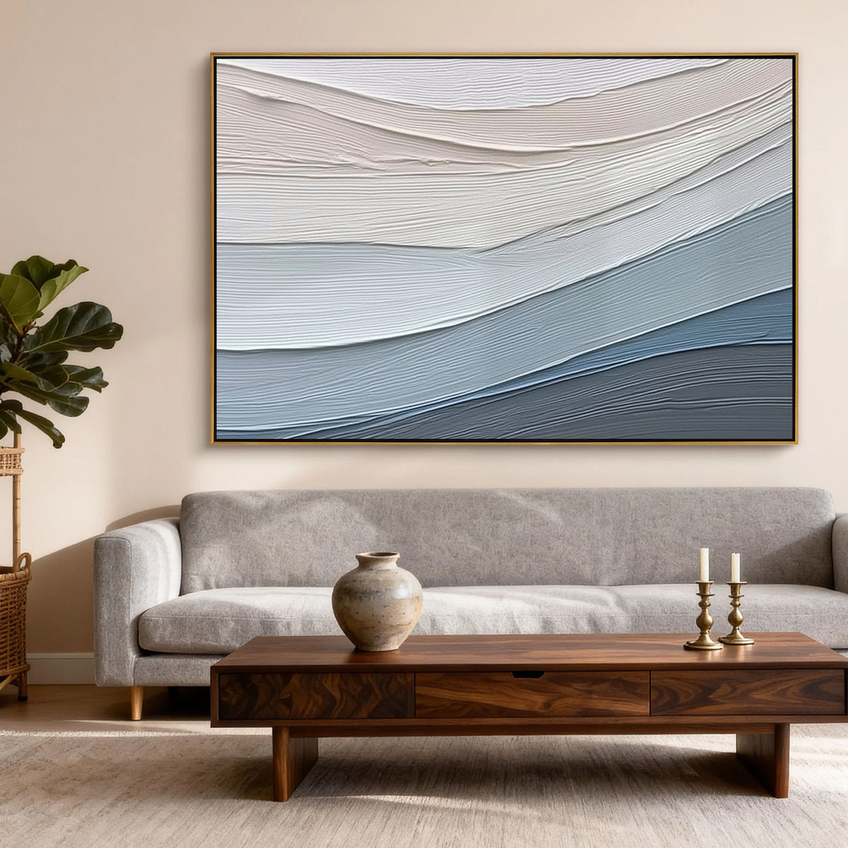 "Buff Spiral" - 3D Heavy Impasto Plaster Relief | Blue & Beige Plaster Texture Statement Art