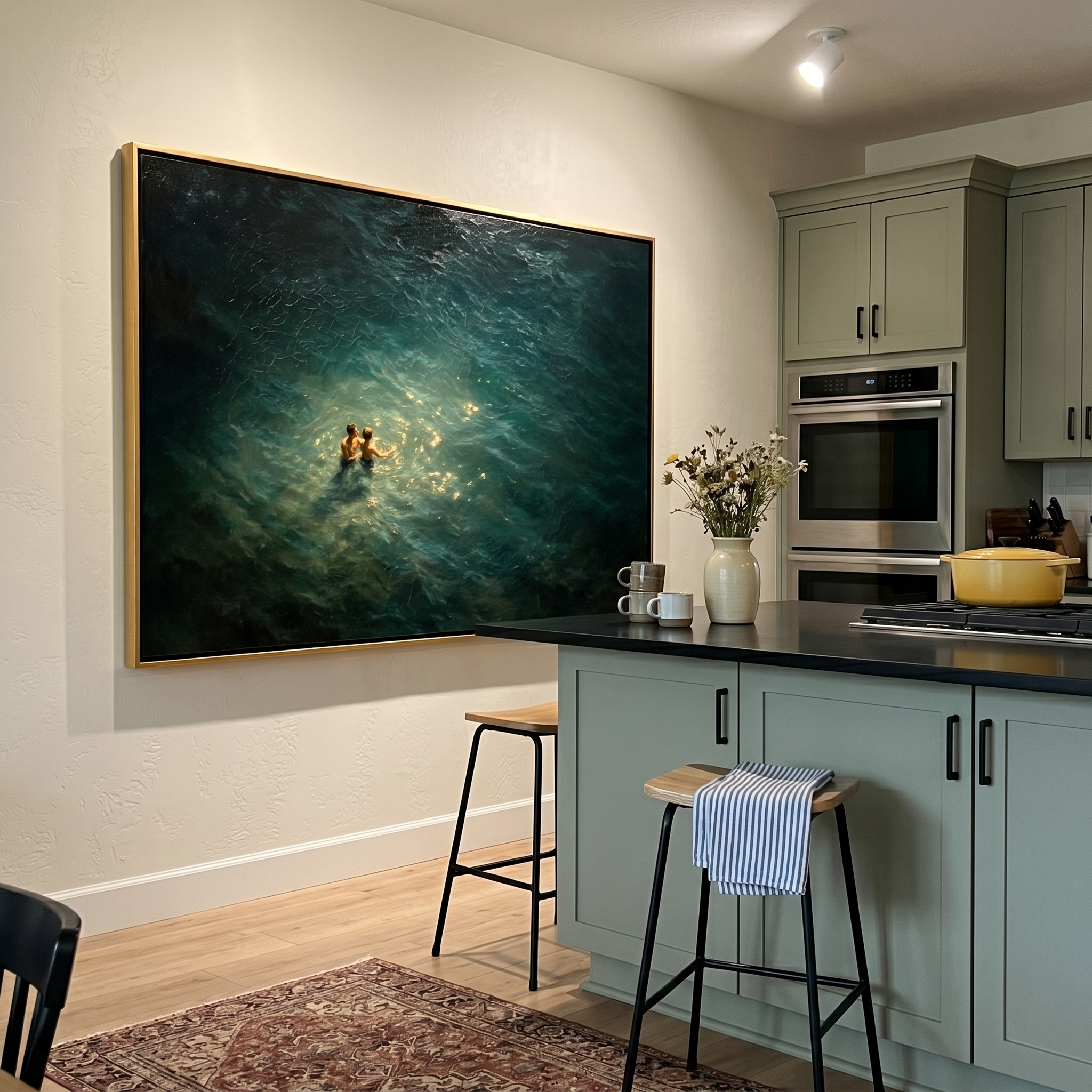 "Golden Light Swim" – Modern Heavy Impasto Figurative Art | 3D Teal & Sunlit Gold Palette Knife Painting | Luxury Horizontal Wall Art#LC 006