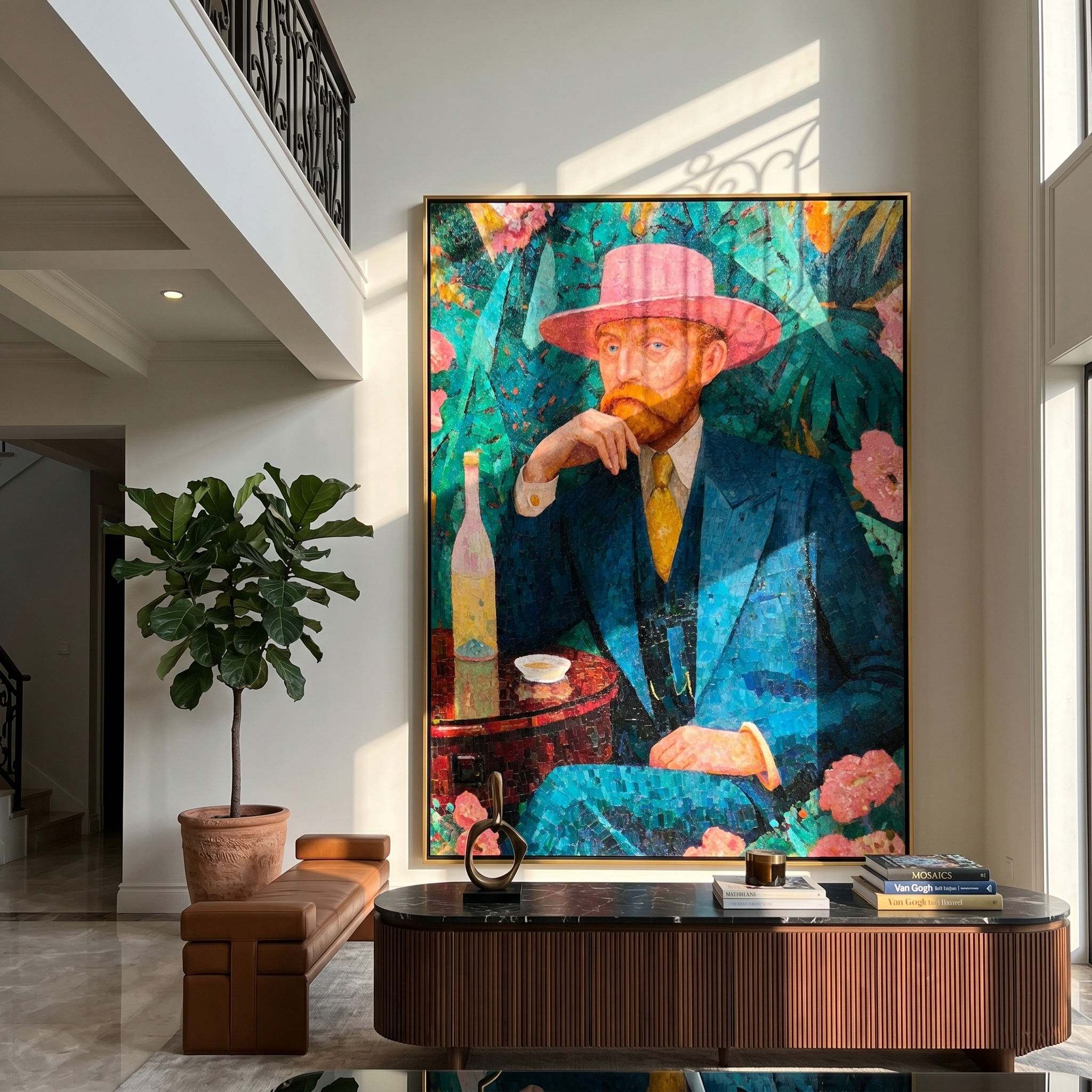 "Gentleman with the Pink Hat" – Modern Mosaic-Style Figurative Art | 3D Teal & Coral Textured Portrait | Luxury Square Wall Art#PE 005