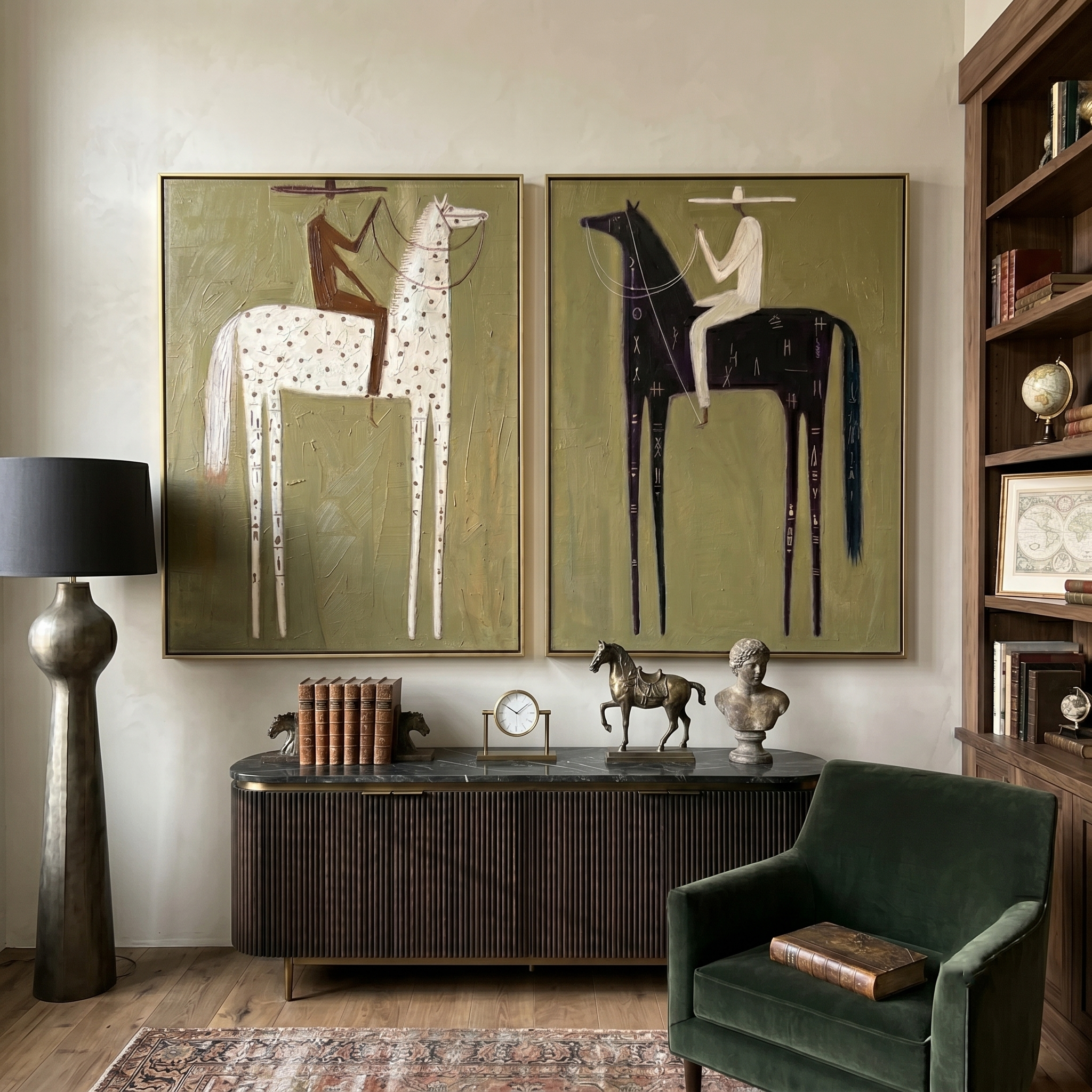 "A Ledger of Dust and Night" — 3D Textured Abstract Western Rider Wall Art Set | Olive, Ivory & Umber Framed Diptych#VA622