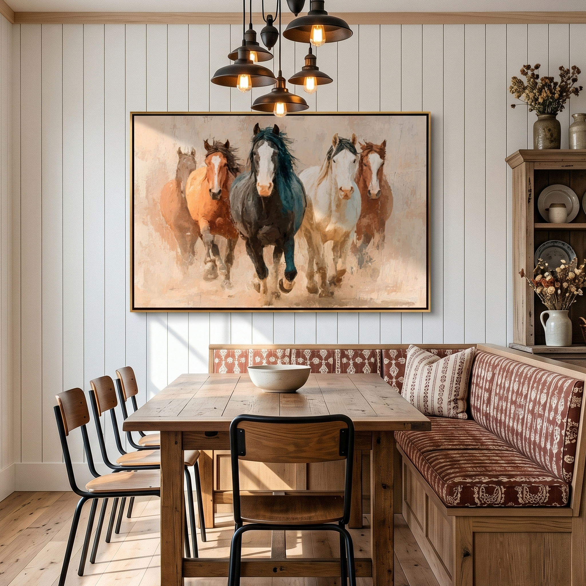 "Five Horses in Motion" – Tactile Wildlife Impressionist Art | Warm Browns & Soft Beige Impasto Wall Decor | Contemporary Horizontal Statement Piece#AN 003