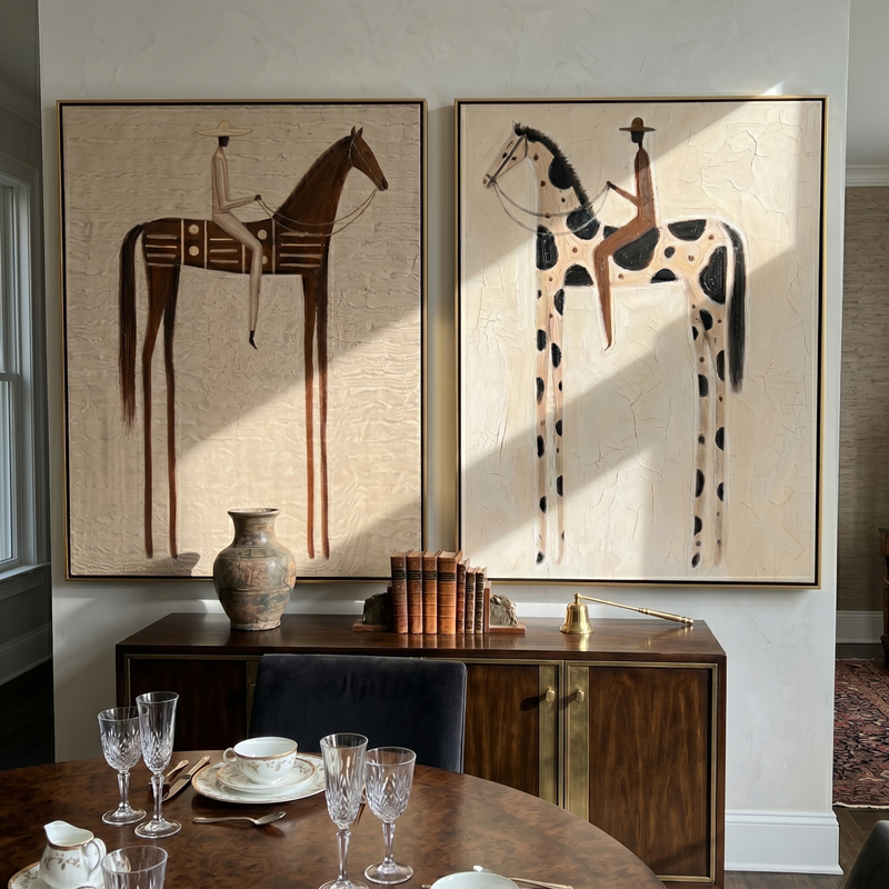 "Western Whispers "— 3D Textured Abstract Rider & Horse Wall Art Set | Neutral Rustic Framed Diptych#VA612