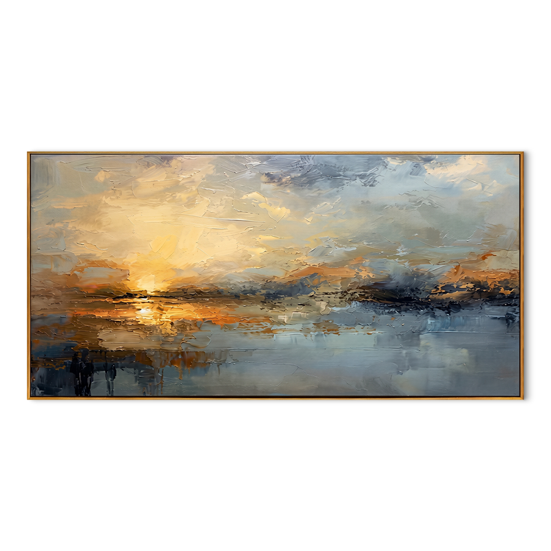 "Serene Horizon" – Abstract Impressionist Golden Seascape Canvas | Minimalist Bedroom Wall Art