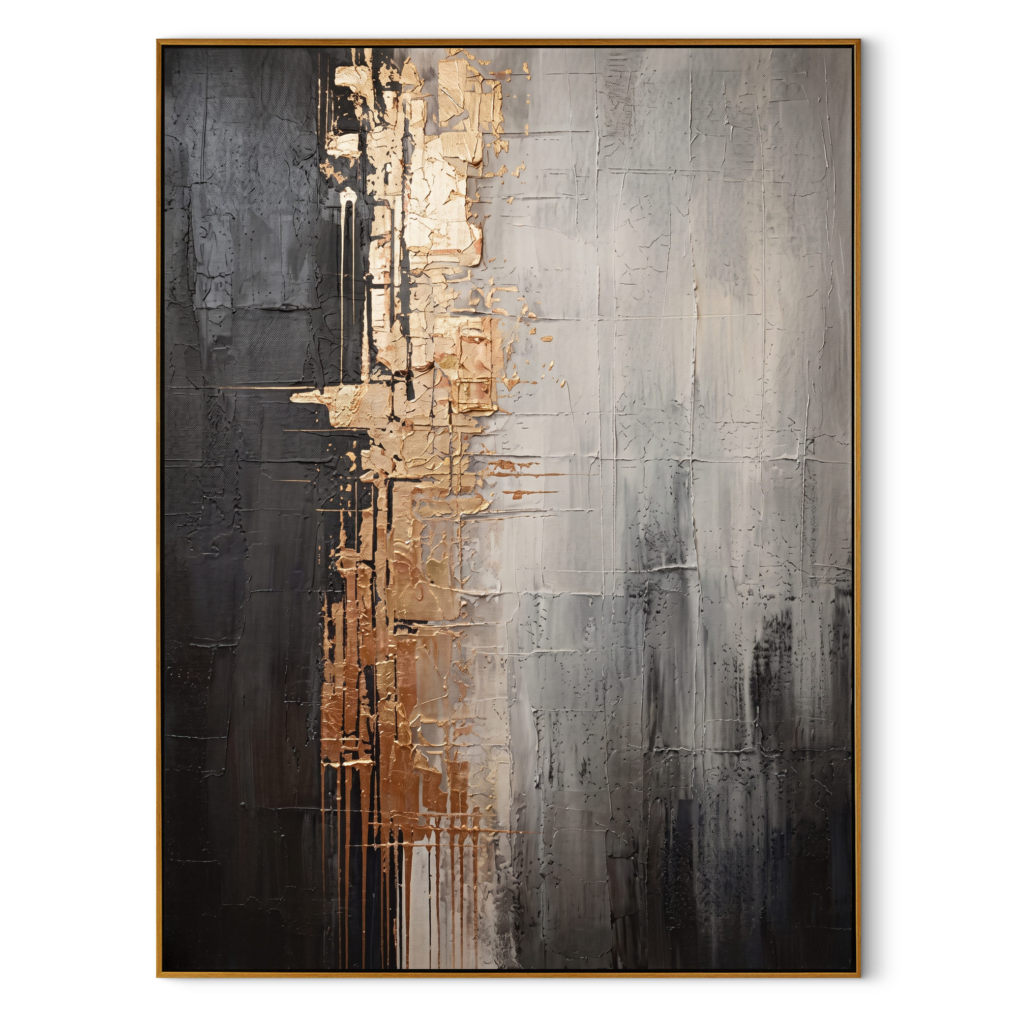 "Gilded Fissure" – Industrial Gold & Charcoal Abstract Oil Painting | Sophisticated Executive Office Art